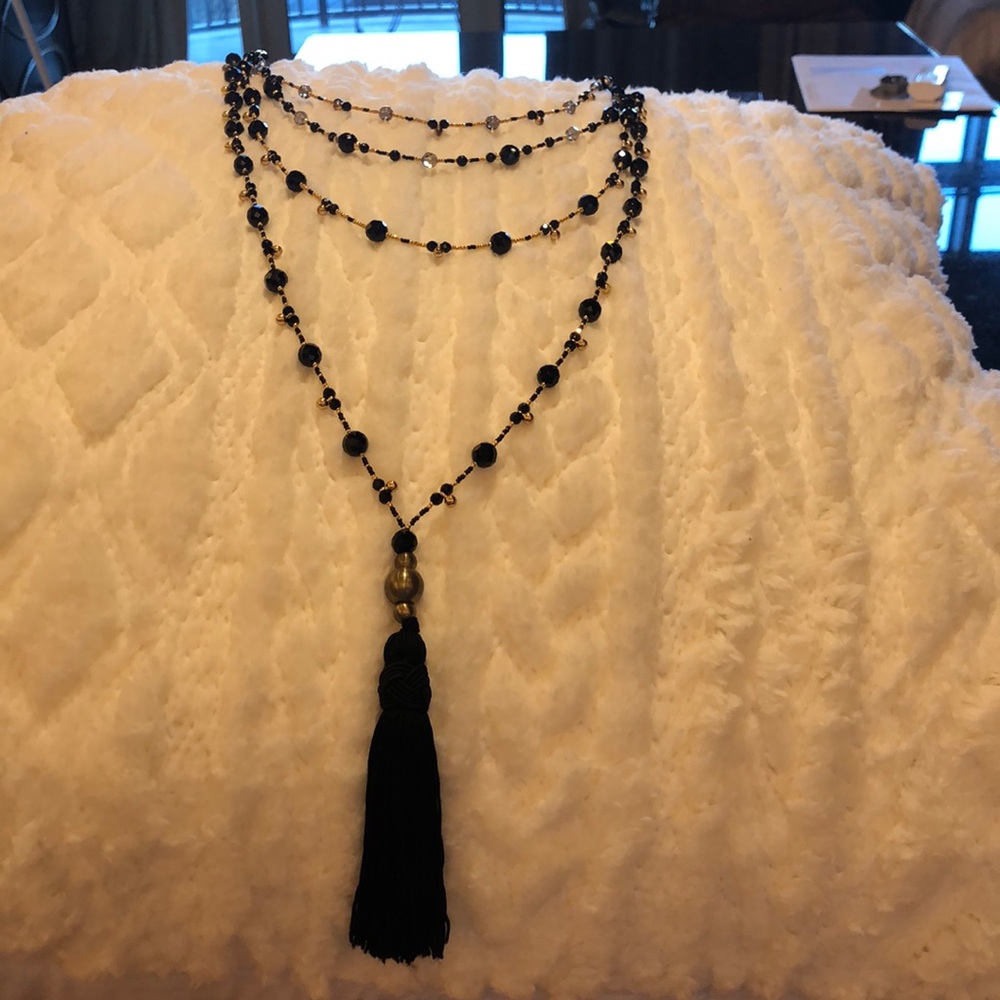 Quadruple Strand Black Onyx/Crystal Neclace